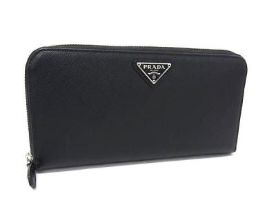 1円 ■極美品■ PRADA プラダ サフィアーノレザー ラウンドファスナー 長財布 札入れ 小銭入れ メンズ ブラック系 HA0006