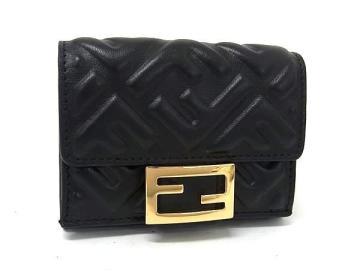 1円 ■極美品■ FENDI フェンディ バゲット マイクロ ズッカ柄 レザー ミニ 三つ折り 財布 ウォレット 札入れ 小銭入れ ブラック系 HA0025
