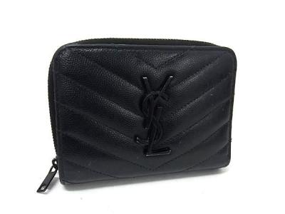 1円 ■美品■ YVESSAINTLAURENT イヴサンローラン カサンドラ Vステッチ レザー 二つ折り 財布 ウォレット ブラック系 FR9944