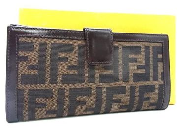 1円 ■新品同様■ FENDI フェンディ ズッカ柄 ナイロンキャンバス&times;レザー 二つ折り 長財布 ウォレット ブラウン系 FA7151