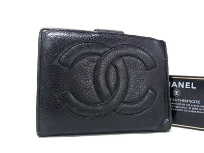 1円 CHANEL シャネル ココマーク キャビアスキン 二つ折り 財布 ウォレット 小銭入れ 札入れ カード入れ レディース ブラック系 FY1191