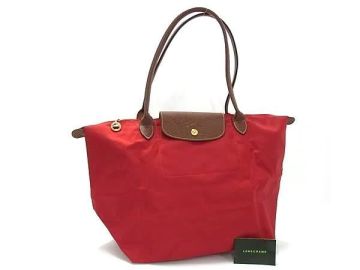1円 ■美品■ LONGCHAMP ロンシャン ル プリアージュ ナイロン&times;レザー 折りたたみ式 トートバッグ ハンドバッグ レッド系 BN9063