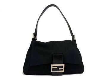 1円 FENDI フェンディ マンマバケット コットンジャージー&times;レザー ワンショルダーバッグ ハンドバッグ レディース ブラック系 BS4051