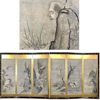 猫夢◆ 時代 古画 肉筆日本画 水墨画 屏風 六曲半双 資産家収蔵品 [R261]SS