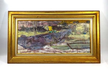 緑屋s■ 額装　国画会会員 喜多村知　『漁村』　油彩 油絵　15M　淀画廊　風景画　　mae/3-021/31-2#160