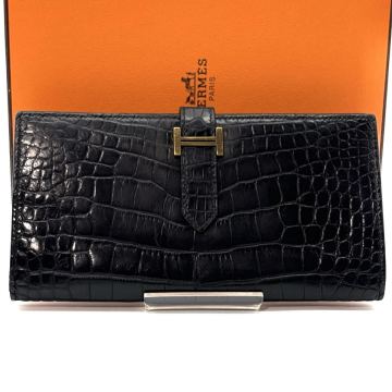 定価200万円◆HERMES エルメス ベアンスフレ クロコダイル アリゲーター 長財布 H金具 新型 ロングウォレット ブラック 黒 メンズ