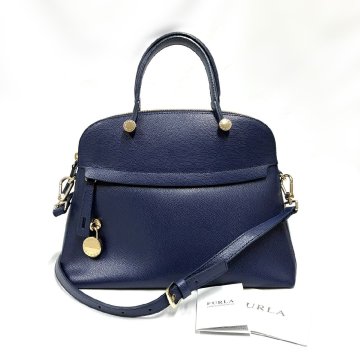 ▽▼【割と美品】FURLA フルラ パイパー レザー 2WAY ハンドバッグ ショルダーバッグ 斜め掛けかばん レディース ネイビー系▼▽