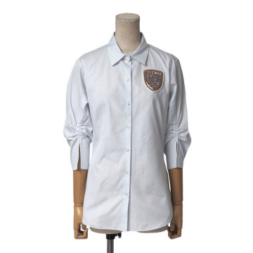 GT1012★イタリア製 Dior クリスチャンディオール コットン ストライプ柄 ビーズ/ワッペン ギャザー袖 シャツ ブラウス 白&times;青 I38