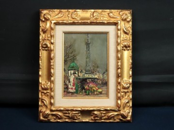 12972■【真作】浮田克躬 「パリ バスティーユ広場の早春」 キャンバス 油彩 肉筆 裏に直筆サイン 洋画家 日展評議員 東京の人 額装