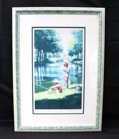 【江】限定 LXXXII/CXX 笹倉鉄平『さかなつり』シルクスクリーン サイン 約72㎝&times;52㎝ 美術品(額装アート)BXZ932 UTvdey OTDBvzwq