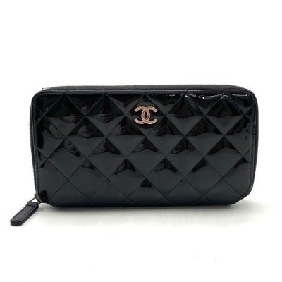 1円 良品 CHANEL シャネル マトラッセ ココマーク パテント レザー ラウンドファスナー 長財布 fH0274A