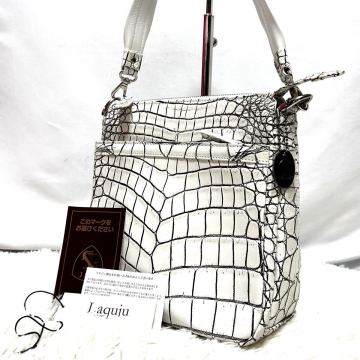 未使用級 JRA認定 リアルクロコダイル バニラ 目地染め ハンドバッグ ワンショルダーバッグ エキゾチックレザー ホワイト laquju ワニ革