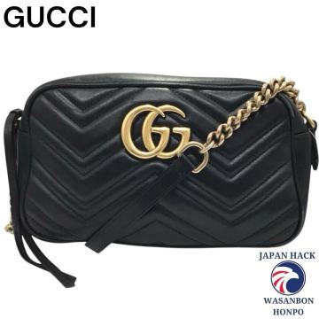￥1〜 GUCCI 447632 520981 GGマーモント チェーン ショルダーバッグ レザー GG ブラック&times;ゴールド金具　made in Italy