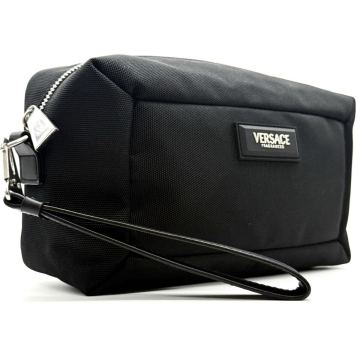 1円 新品未使用 VERSACE ヴェルサーチ セカンドバッグ クラッチバック ポーチ ロゴ プレート 総柄 ブラック シルバー ビジネス ストラップ