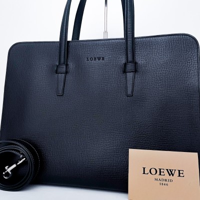 1円■使用数回■幻の逸品■型崩れ無し■出回り少■LOEWE ロエベ 最上位ブリーフケース 自立 トートバッグ ビジネス A4 メンズ レザー 黒