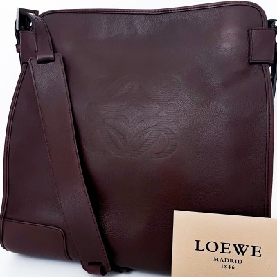 1円■超美品■幻の逸品■型崩れ無し■LOEWE ロエベ アナグラム型押し 最上級ショルダーバッグ メッセンジャー ビジネス A4 メンズ レザー 