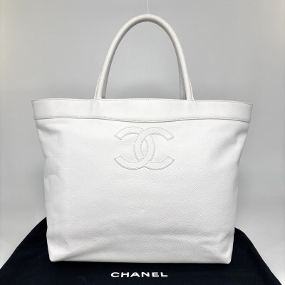 1円 新品同様 CHANEL シャネル ココマーク トートバッグ キャビアスキン ホワイト レディース ハンドバッグ 白 マトラッセ メンズ シール有