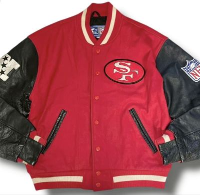 NFL STARTER 49ers【極上の袖レザー】スターター スタジャン アワードジャケット 中綿 ブルゾン 牛革 本革 ウール レッド M ビンテージ 1円