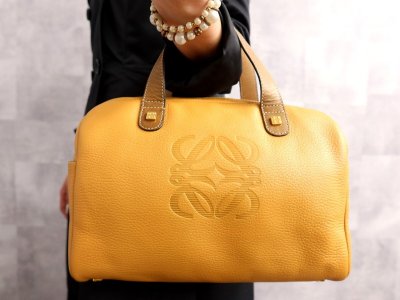 ●超美品●LOEWE ロエベ●アナグラム●ロゴ型押し●カーフ レザー●ミニ ボストン ハンド バッグ●イエロー系●ヴィンテージ●B5●Js65899