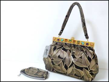 ＜本物 美品 Hamano 濱野皮革工藝 ハマノ ハンドバッグ 和装 フォーマル 石付き がま口付き＞1.38.6　☆定形外710円☆