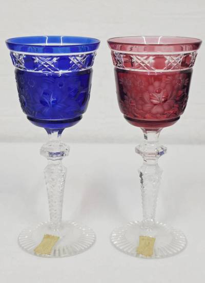 E-2506 【同梱不可】980円～ 現状品　Meissen Crystal/マイセンクリスタル　ロンドンフラワー　レッド　ブルー　ペア　グラス　