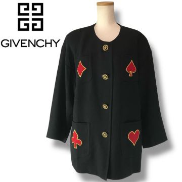 199☆Vintage 希少 GIVENCHY ジバンシィ ウール ノーカラージャケット トランプ柄 13号 日本製 毛100% 黒 コート アウター レア 正規品