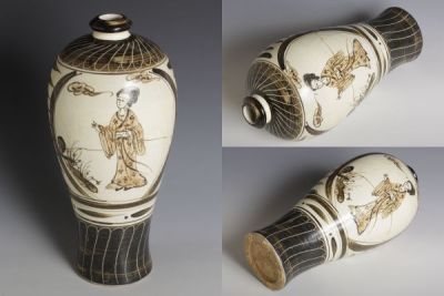 7702 中国陶器 磁州窯 人物文梅瓶 高さ約29cm 梅壺 花瓶 花入 茶道具 華道具 検:磁州窯 中国 古玩 唐物