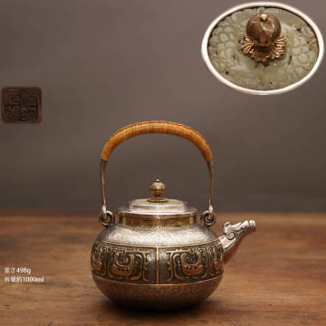 古銀 茶壺 蔵六居 造 「純銀鏨刻彩金鳳紋鳳口玉蓋提梁壺」 銀瓶 煎茶 湯沸 急須 茶道具 金工 茶器 時代物 LT-07250