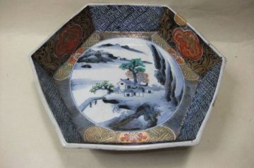 【睦】伊万里 色絵 山水 蛸唐草 六角 二重高台 金継 骨董 ■