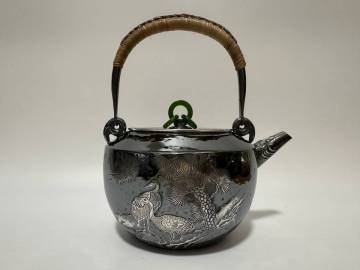 時代 純銀製 蔵六居造 獣口 老松仙鶴図彫 漢詩 湯沸 工芸品 美術品 銀瓶 煎茶道具 