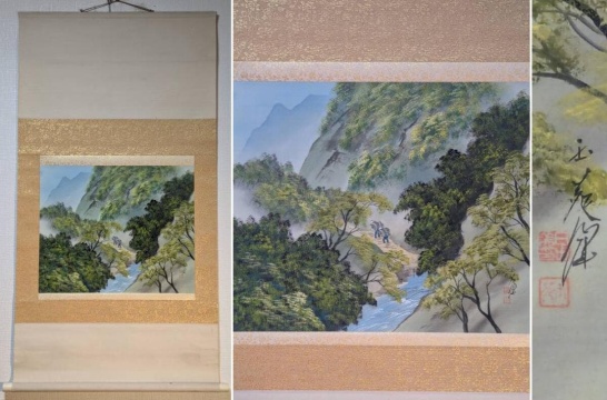 【真作】掛軸　渓谷を行く旅人　静謐な自然美　精緻描写　合箱入　R112
