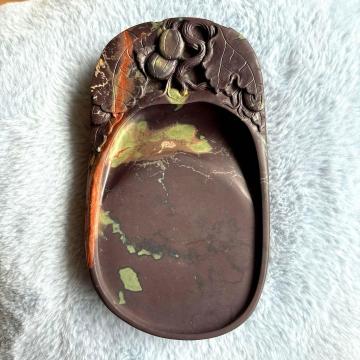 書道 硯 「端渓硯」 硯シリーズ 楕円形皿 葉と果実の彫刻