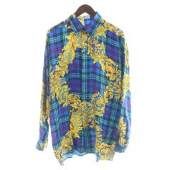ヴェルサーチ ヴェルサーチェ VERSACE V2 タグ付き ヴィンテージ シルクシャツ 絹100% 長袖 チェック バロック 総柄 M 青 ブルー/MW ■GY18